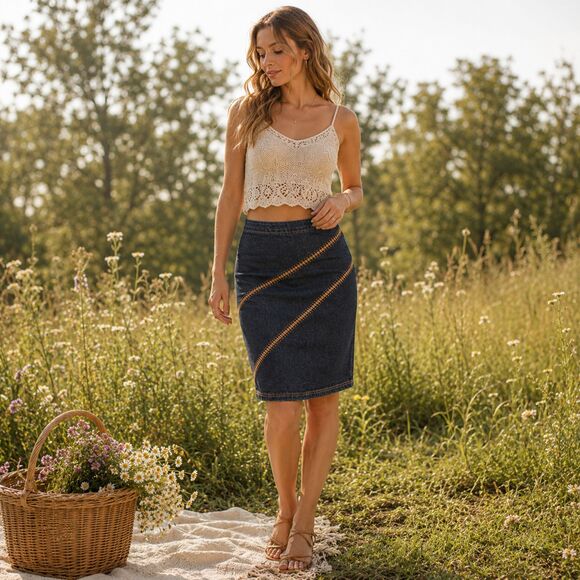 San Julian Dresses & Skirts - Y2K Denim Midi Skirt Small Fitted Boho Festival Bold Stitching Detail Jean Skirt